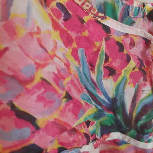 J. Crew Size 2 Floral Frilly Blouse Vibrant Pineapple Floral Pink Green White - Picture 7 of 7